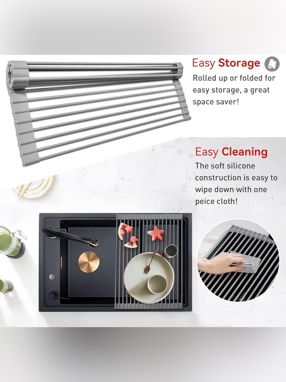 Roll Up Over Sink Dish Drying Rack Gray Silicone Non-Slip Heat Resistant - Picture 5 of 10